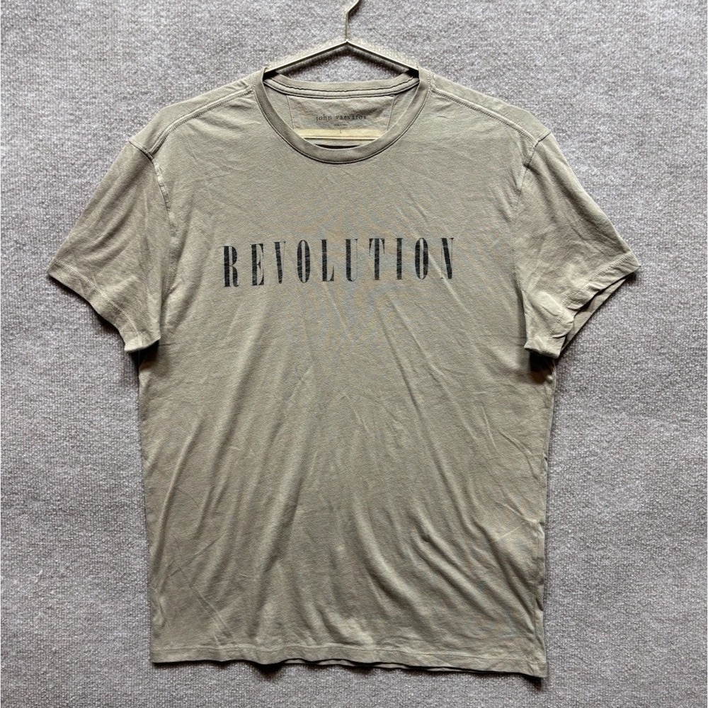 John Varvatos Revolution Graphic Organic Cotton Crew T-Shirt Tan Sz L Tee EUC